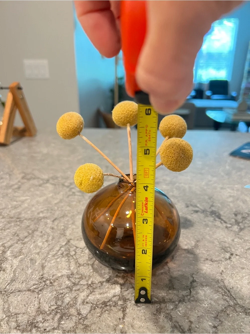 Mid Century Style Brown Glass Vase w. Billy Balls Dried Craspedia